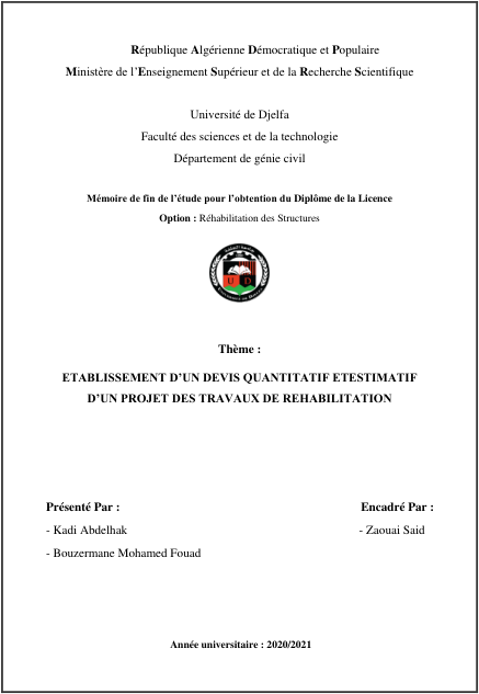 Etablissement d'un devis Quantitatif et Estimatif d'un projét des TRAVAUX DE RÉHABILITATION